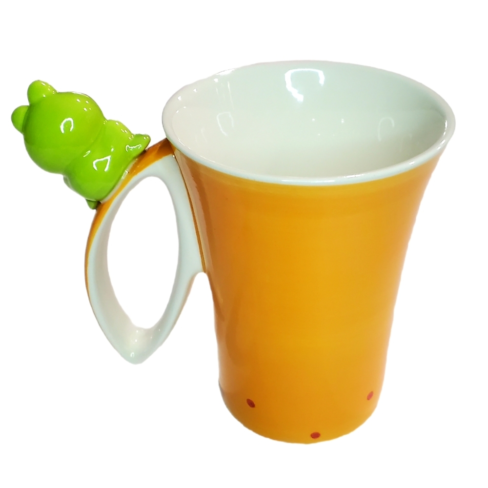 Indra Hand Painted Fine Stoneware 3D Happy Frogs Butterfly Orange Coffee Cup - Picture 5 of 10